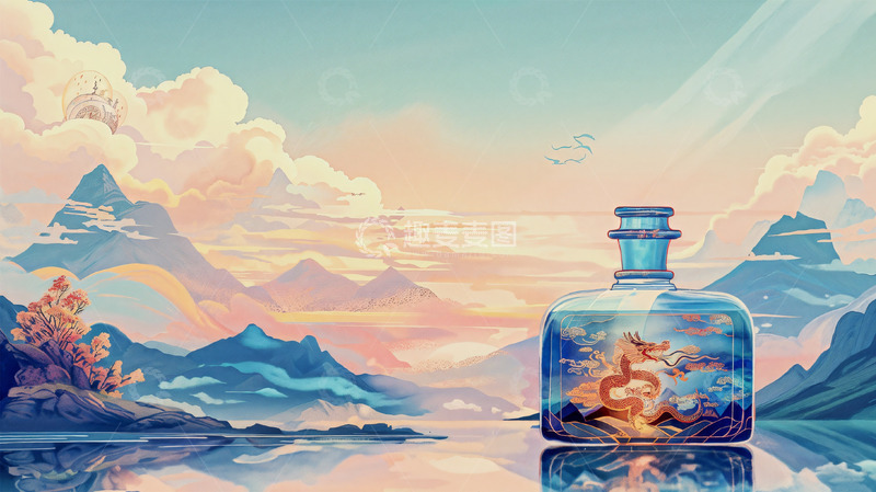 高清大图下载【趣麦麦图】中国风山水场景插画香水瓶子