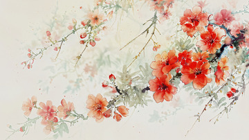 中国风水墨淡彩花朵植物壁纸插画