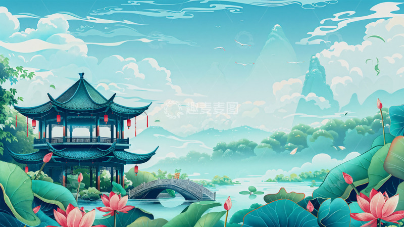 高清大图下载【趣麦麦图】中国风建筑山水荷花荷叶场景插画