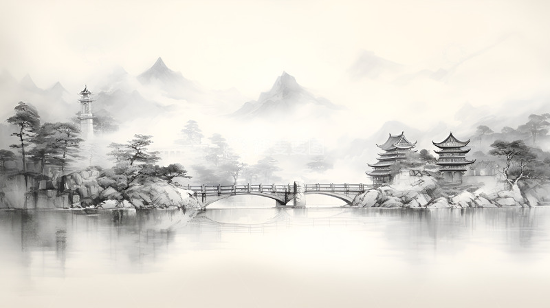 高清大图下载【趣麦麦图】中国风水墨黑白桥植物山水插画