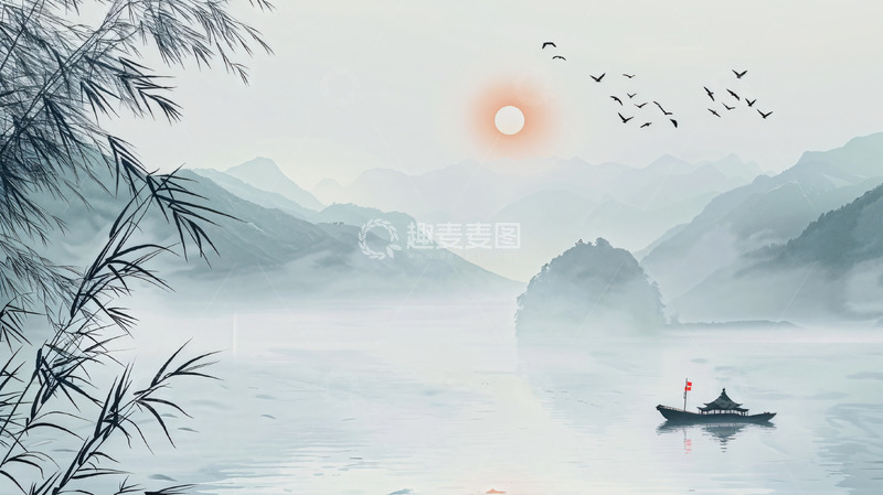 高清大图下载【趣麦麦图】中国风山水水墨船太阳竹子风景