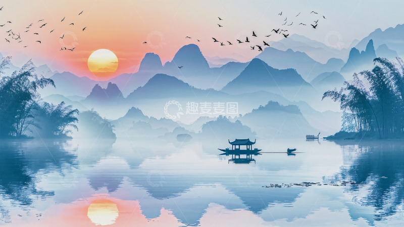 高清大图下载【趣麦麦图】中国风山水水墨太阳船场景