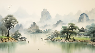 中国风山水淡彩水墨插画