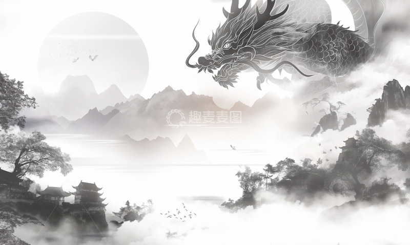 高清大图下载【趣麦麦图】水墨风格东方龙山水背景图