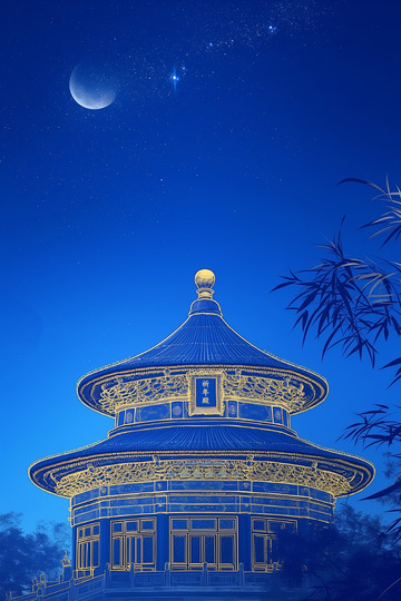 天坛祈年殿夜景蓝色背景图