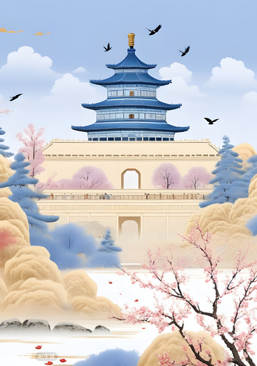 东方建筑古风插画背景图