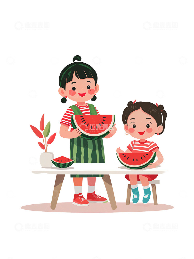 高清大图下载【趣麦麦图】夏至 吃西瓜 小女孩