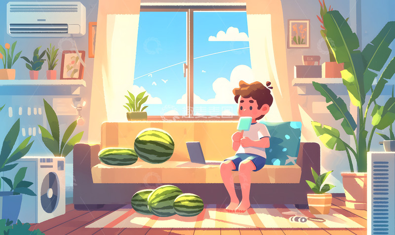 高清大图下载【趣麦麦图】夏天男孩吃雪糕插画