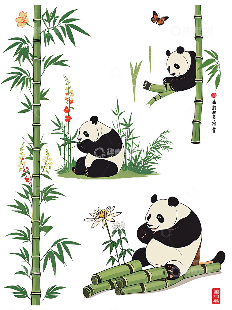 高清大图下载【趣麦麦图】扁平风 插画 大熊猫