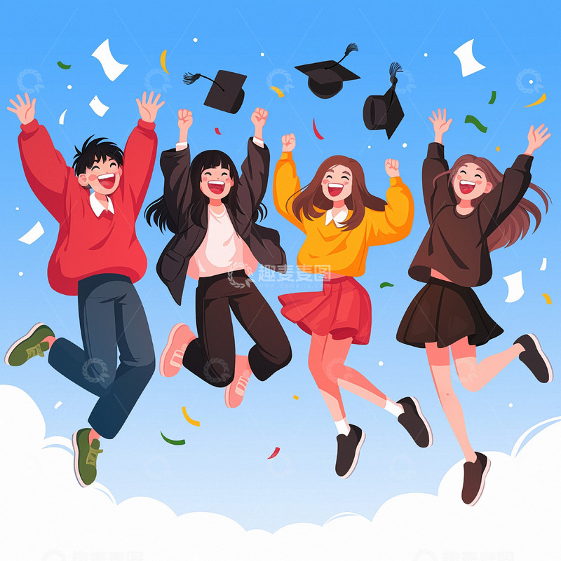 高清大图下载【趣麦麦图】庆祝毕业季欢呼毕业生素材
