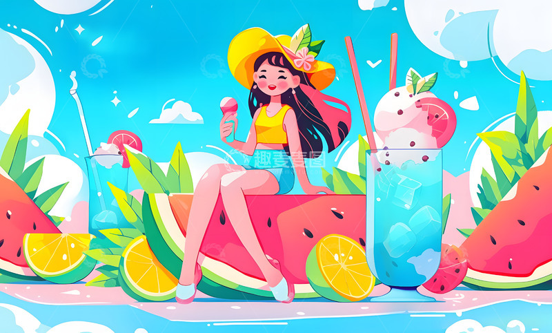 高清大图下载【趣麦麦图】-夏天户外女孩插画