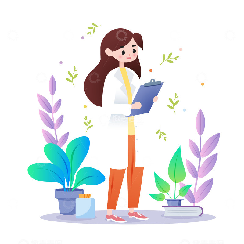 源文件下载【趣麦麦图】医生女性扁平插画场景植物职业