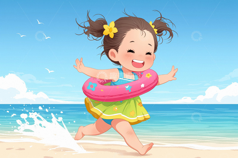 高清大图下载【趣麦麦图】卡通女孩沙滩度假开心