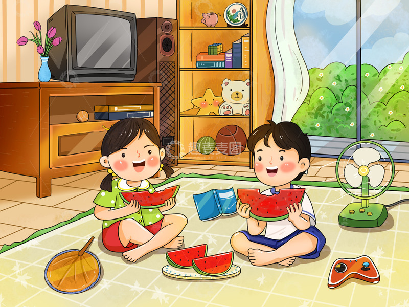 源文件下载【趣麦麦图】夏日夏天吃西瓜复古场景