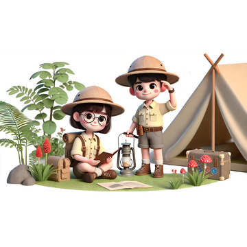 野外探险露营3D人物素材
