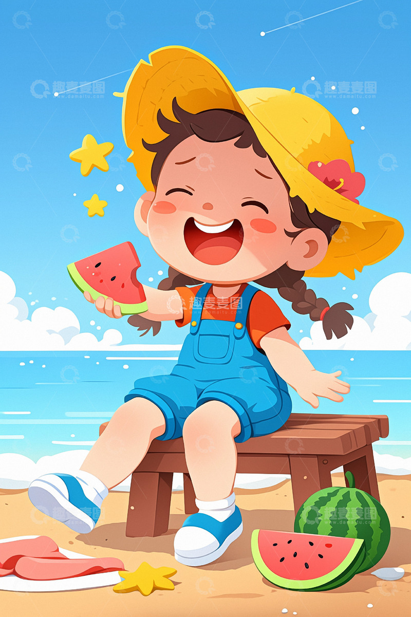 高清大图下载【趣麦麦图】-沙滩海边吃西瓜的小女孩