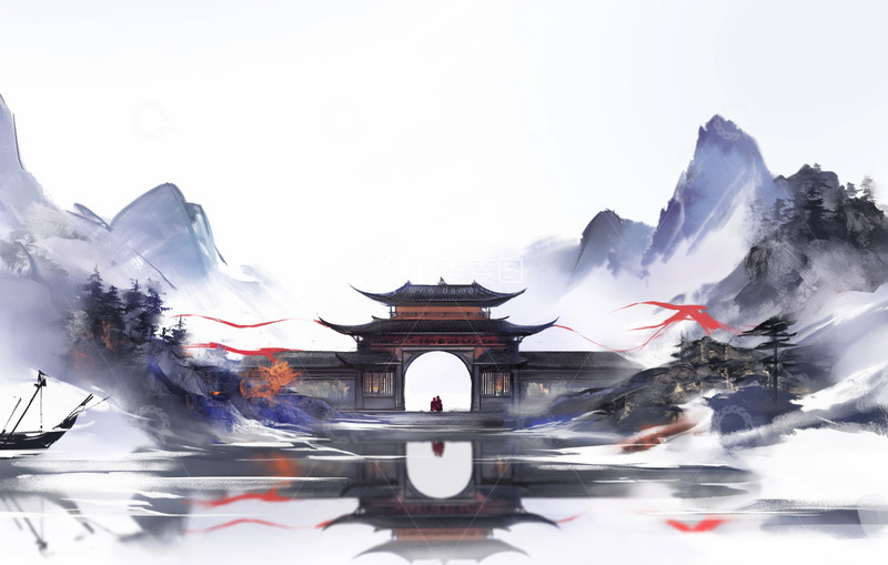 高清大图下载【趣麦麦图】水墨风景古建筑背景图素材