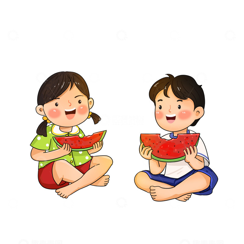 源文件下载【趣麦麦图】吃西瓜的男孩女孩