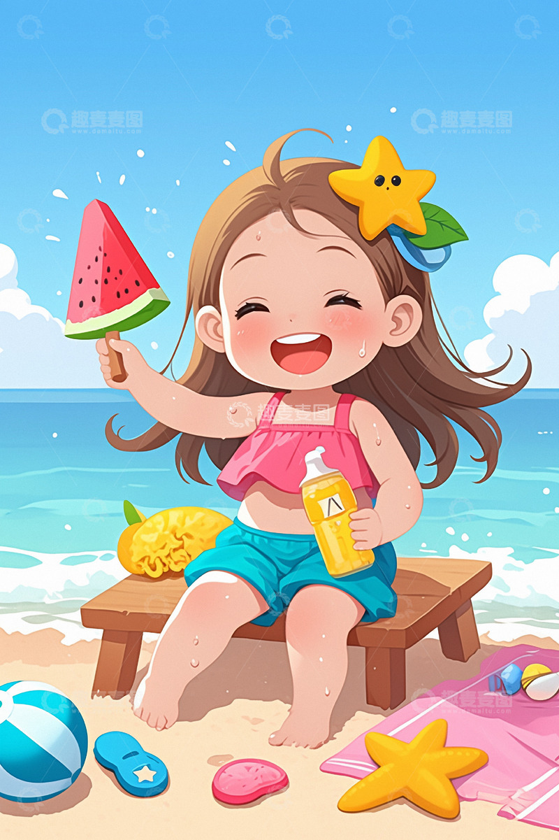 高清大图下载【趣麦麦图】在海边开心玩耍的小女孩