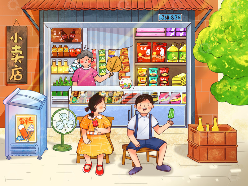 源文件下载【趣麦麦图】-乘凉夏日夏天插画
