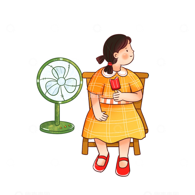 源文件下载【趣麦麦图】-夏天夏日吃雪糕吹风扇女孩