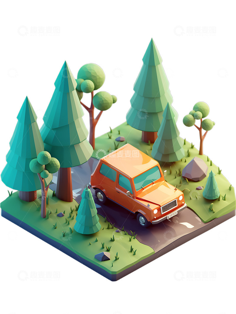 高清大图下载【趣麦麦图】汽车森林旅行户外野外等距景点3D