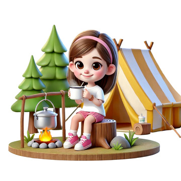 可爱女孩户外露营3D卡通人物素材