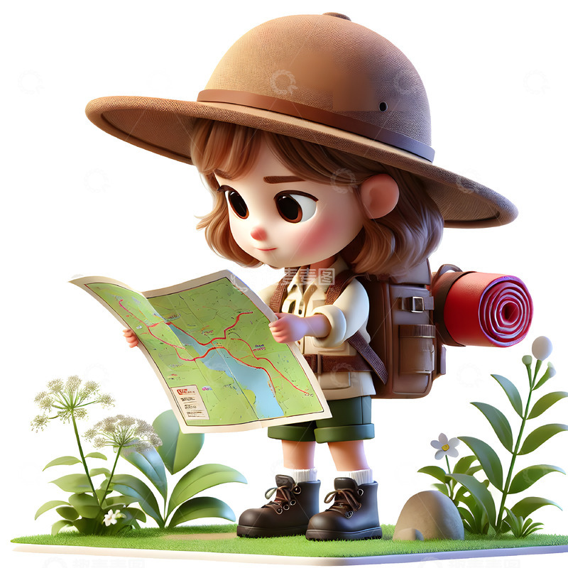 高清大图下载【趣麦麦图】看地图的卡通3D小女孩素材