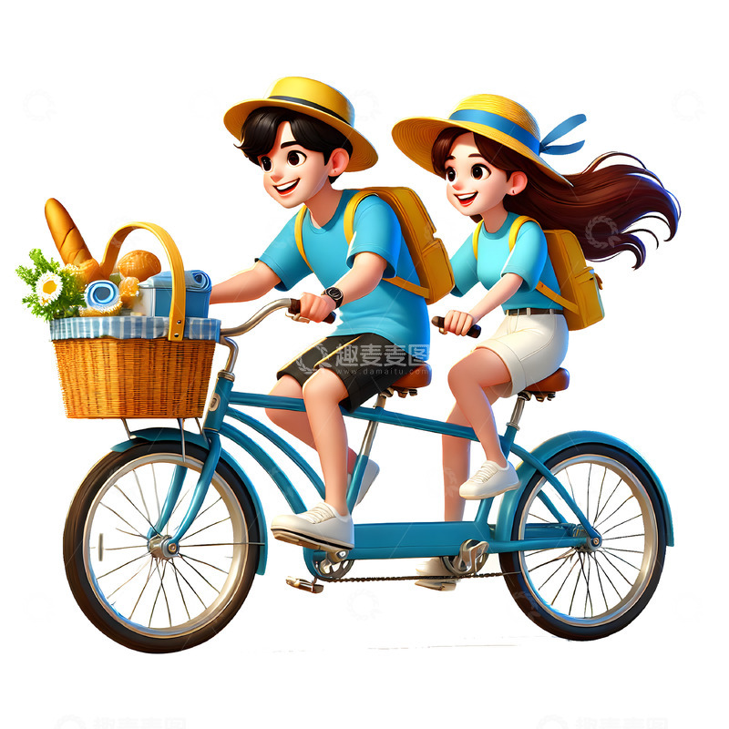 高清大图下载【趣麦麦图】骑双人自行车外出郊游3D人物素材