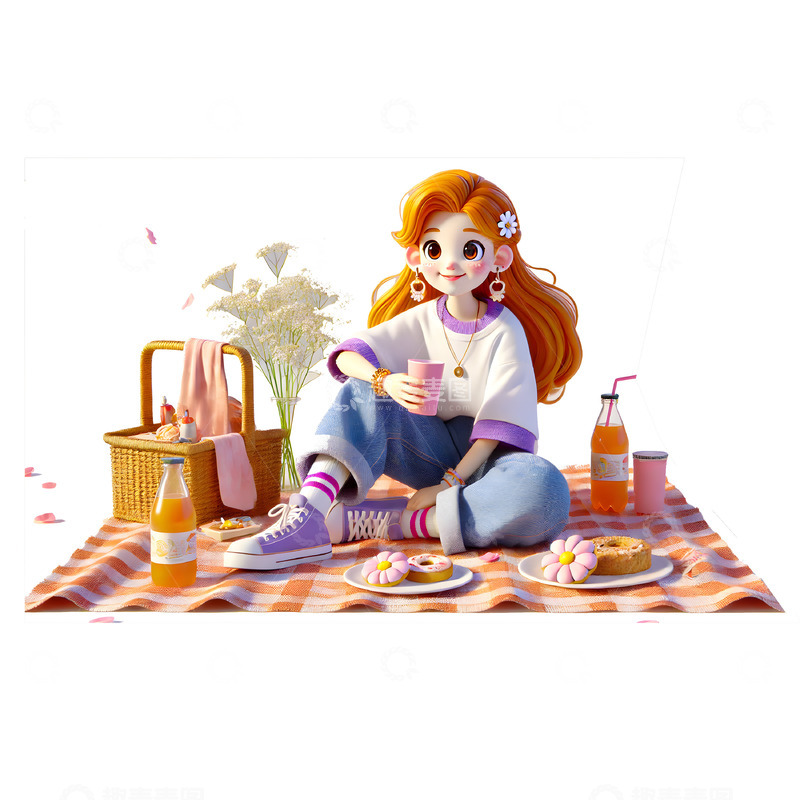 户外野餐郊游卡通3D人物素材