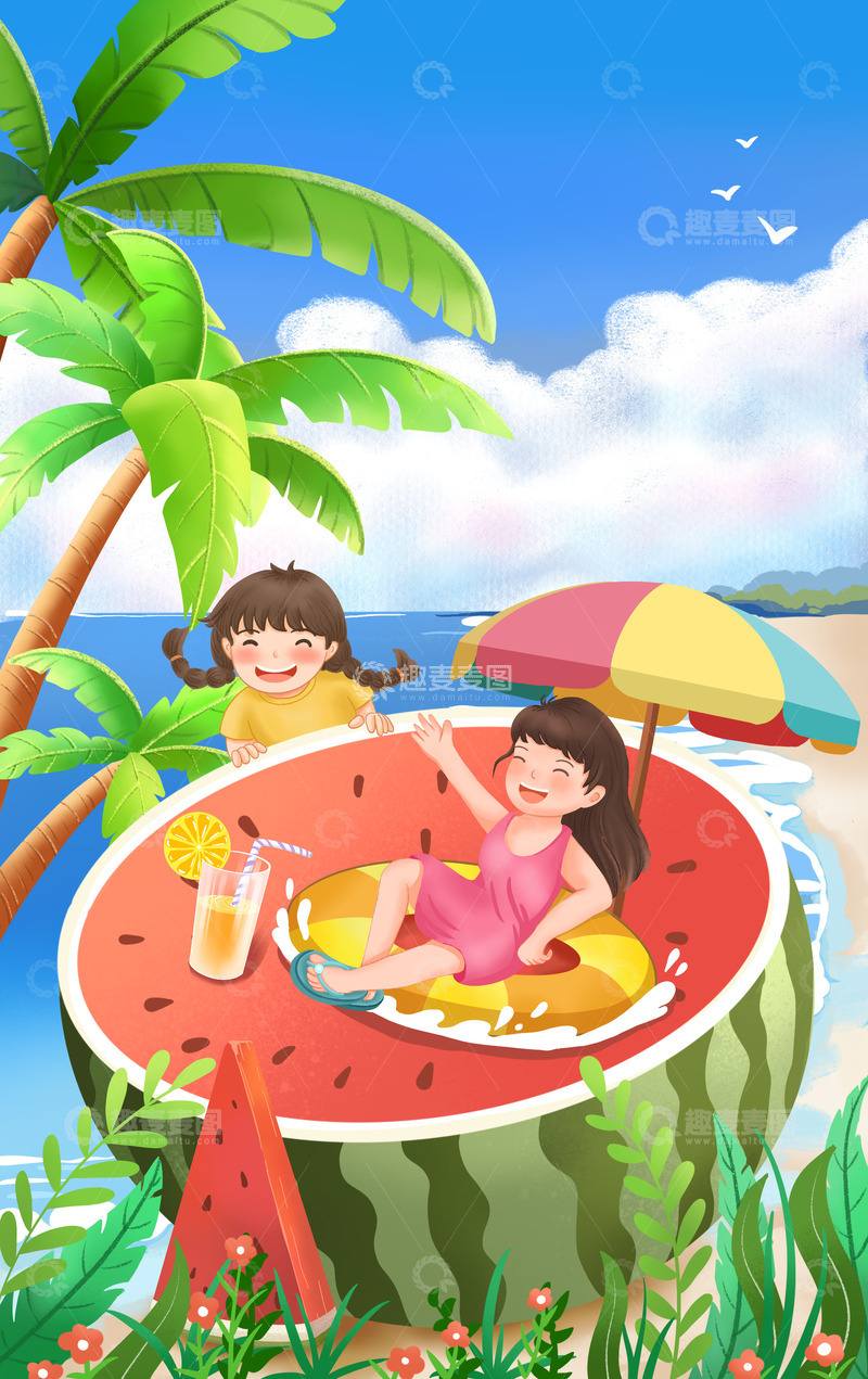 源文件下载【趣麦麦图】夏日夏季西瓜海边玩乐手绘插画