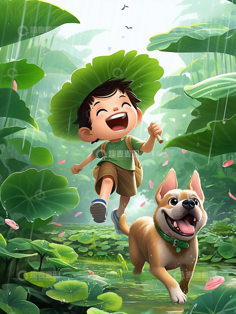 高清大图下载【趣麦麦图】夏至小暑大暑荷叶奔跑的小孩和狗