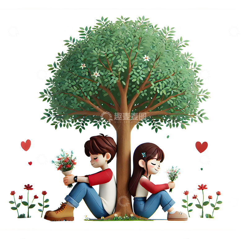 高清大图下载【趣麦麦图】大树下的一对情侣卡通3D人物素材