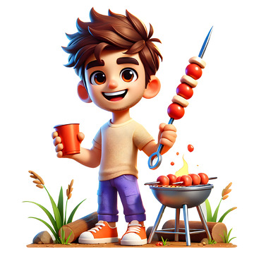 在户外吃烧烤的3D卡通人物素材