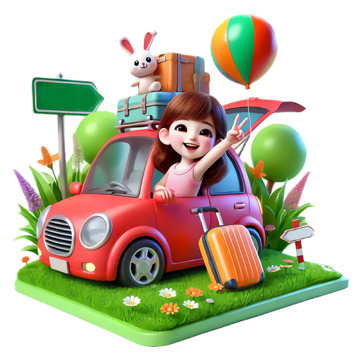 开车外出度假场景卡通3D人物素材