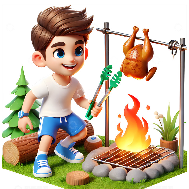 高清大图下载【趣麦麦图】野外烤鸡露营3D人物素材