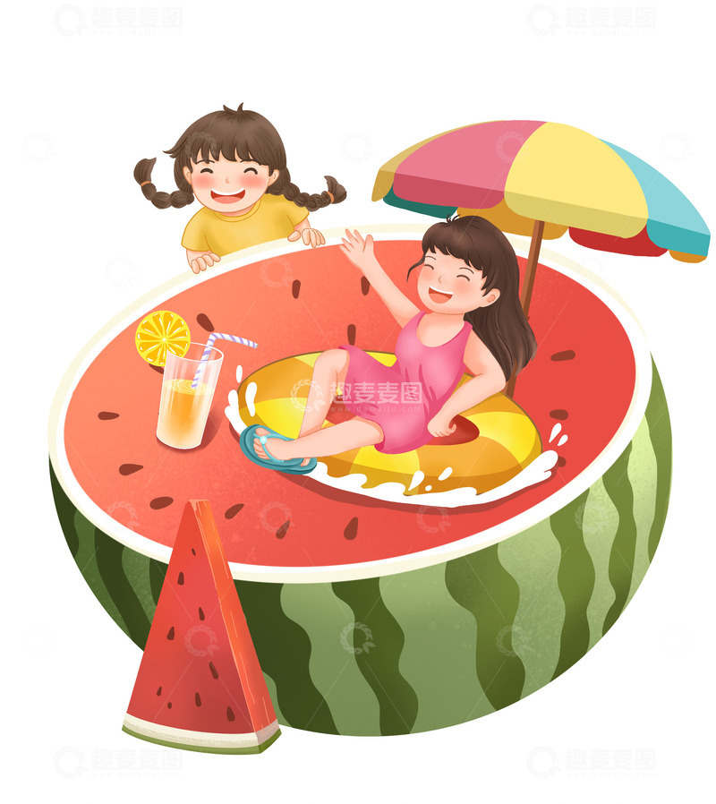 源文件下载【趣麦麦图】夏日西瓜太阳伞果汁游泳圈人物手绘元素