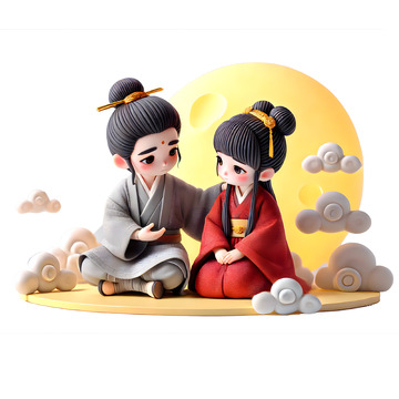牛郎织女月前相会卡通3D人物素材