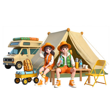 房车户外露营3D卡通人物素材