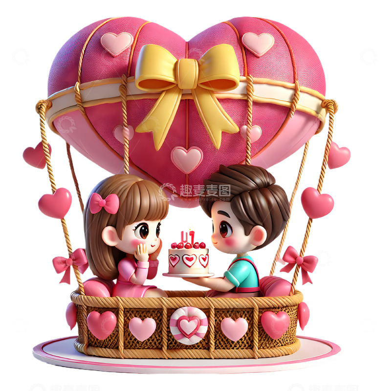 高清大图下载【趣麦麦图】七夕情人节在热气球上的一对情侣卡通3D人物素材