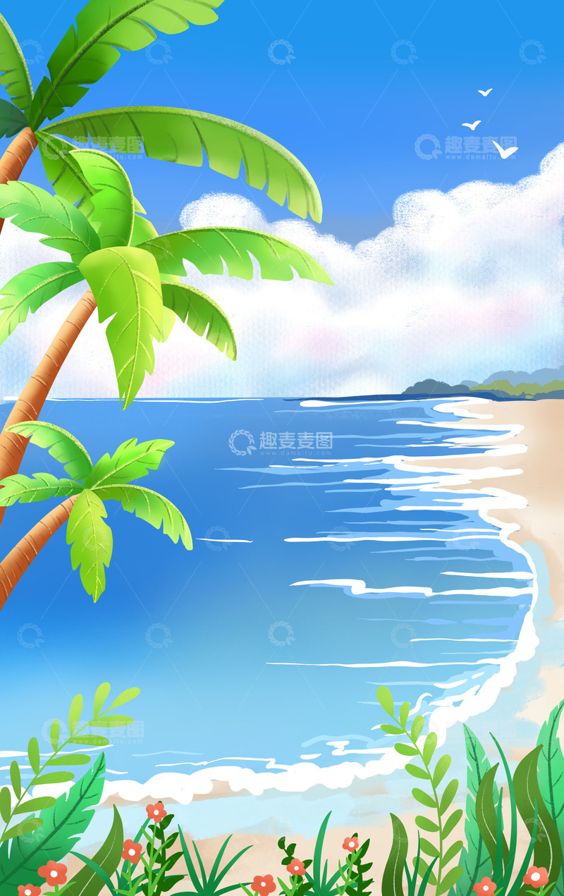 源文件下载【趣麦麦图】夏日椰树海边沙滩手绘背景
