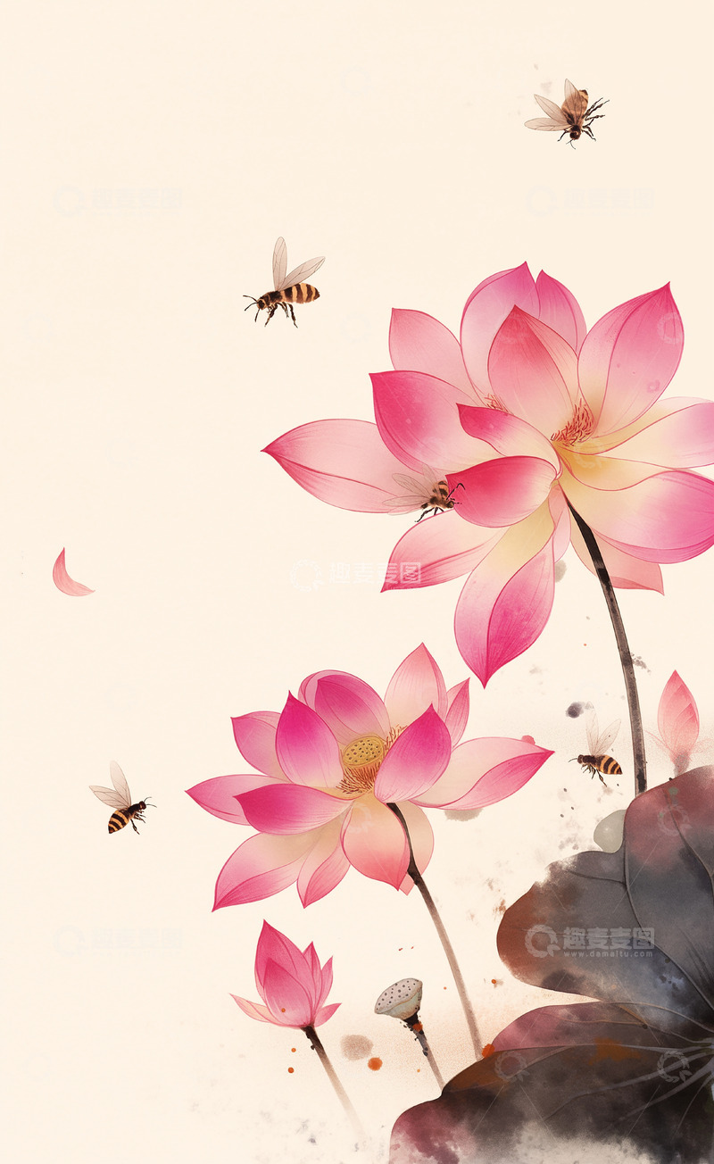 高清大图下载【趣麦麦图】国风水墨荷花背景素材