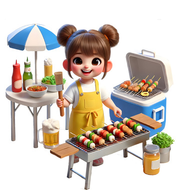 户外烧烤露营的小女孩3D人物素材