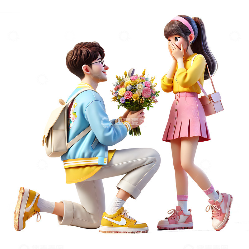 高清大图下载【趣麦麦图】七夕情人节情侣送花场影3D人物素材
