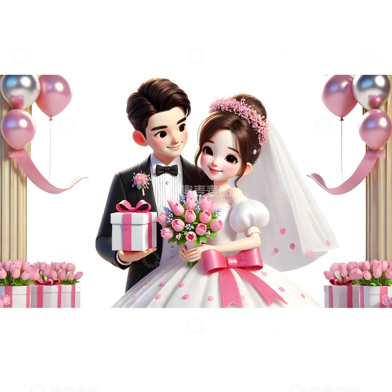 高清大图下载【趣麦麦图】七夕情人节婚礼卡通3D人物素材