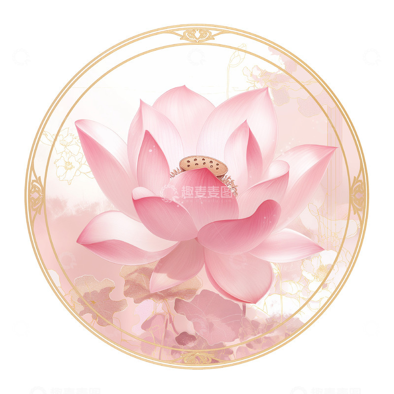 高清大图下载【趣麦麦图】国风荷花圆形框插画素材