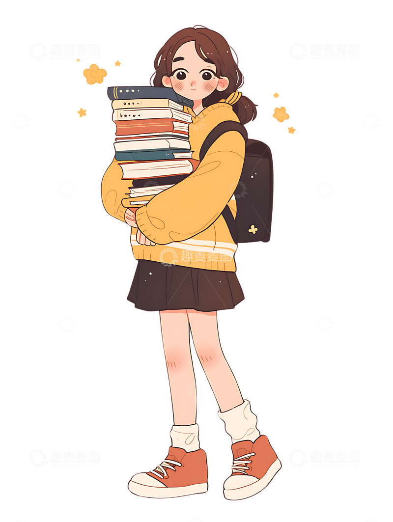 高清大图下载【趣麦麦图】开学季女生捧着书籍读书学习学生