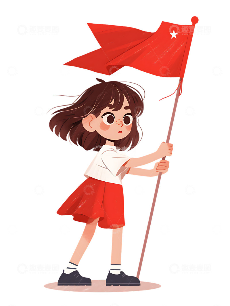 高清大图下载【趣麦麦图】建党节建军节国庆节少先队员小女孩举着红旗卡通