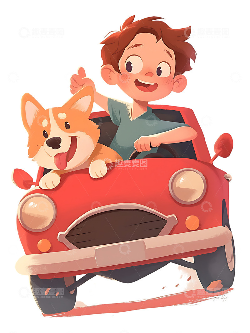 高清大图下载【趣麦麦图】-男孩开车和小狗去旅游