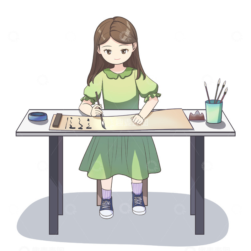 源文件下载【趣麦麦图】暑期培训班书法人物场景